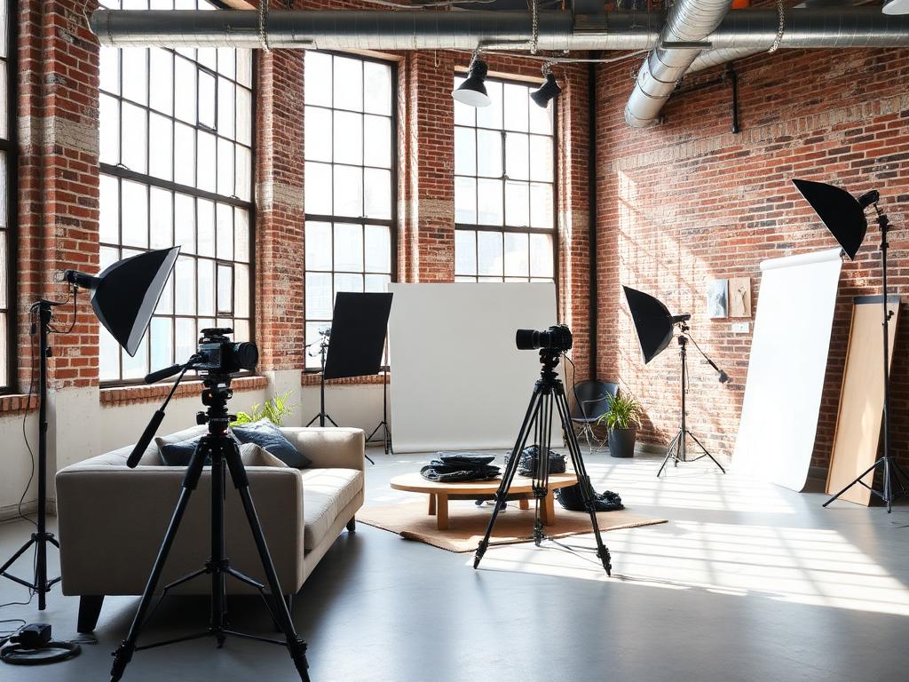 Professional studio space with lighting and camera equipment